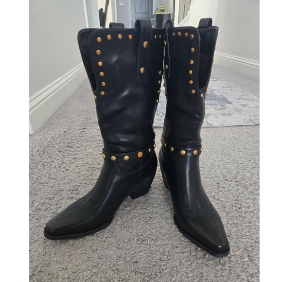 🆕Womens Black Faux Leather Mid Calf Square Toe Block Chunky Heel Studded Boots - Picture 1 of 13